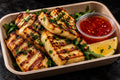 Grilled halloumi cheese with sweet chilli dip