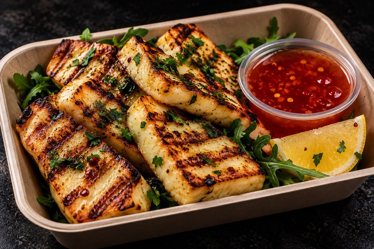 Grilled halloumi cheese with sweet chilli dip
