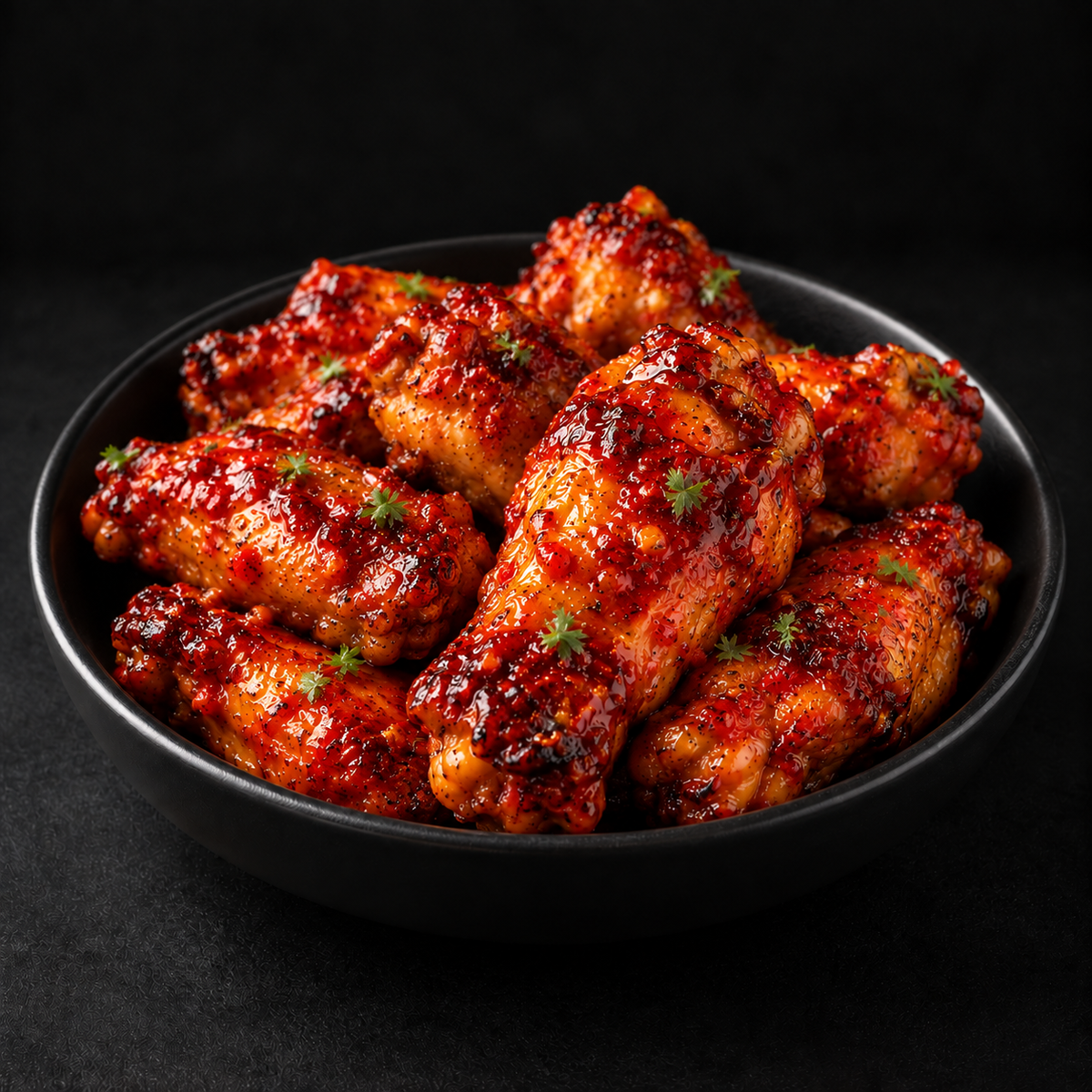 Fresh chicken wings in glossy red firecracker sauce served in a black bowl on a dark background
